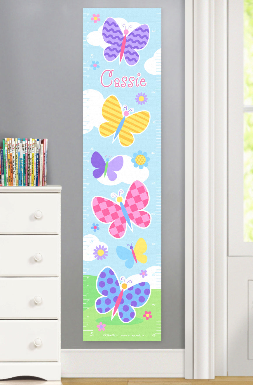 Colorfully patterned butterflies on a summery scene canvas growth chart