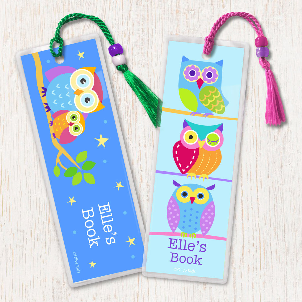 Kids personalized bookmarks with colorful owls, one with nightime background with stars, one with owls on light blue background. Decorated with tassell and beads.