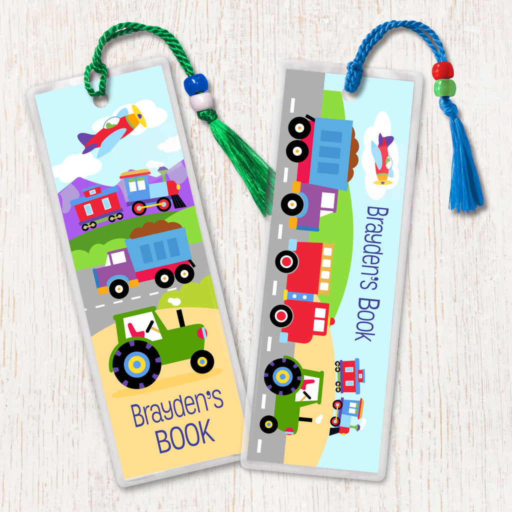 Kids personalized bookmarks with train, trucks, plane and tractor. Brightly colored and decorated with tassel and beads.