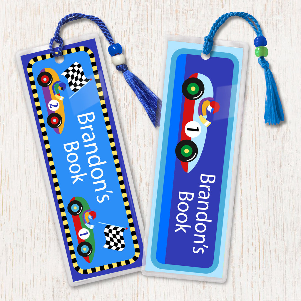 Kids personalized bookmarks with vintage racecars and checker flag. Bright colors on blue background and decorated with beads and tassel.