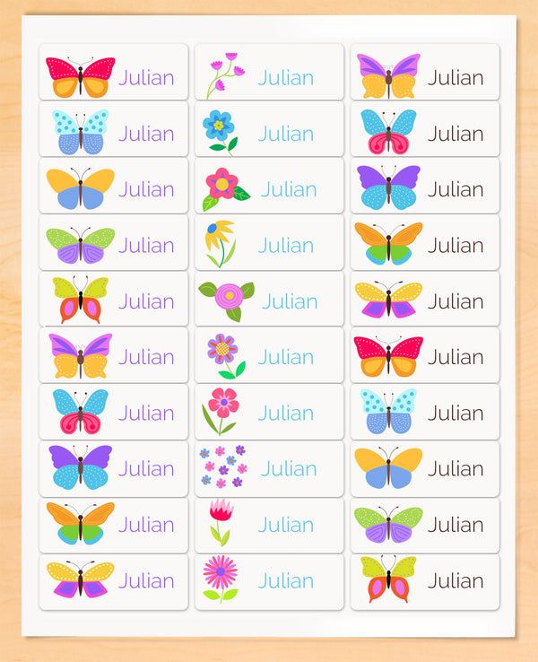 Colorful butterflies and flowers on rectangle labels for kids