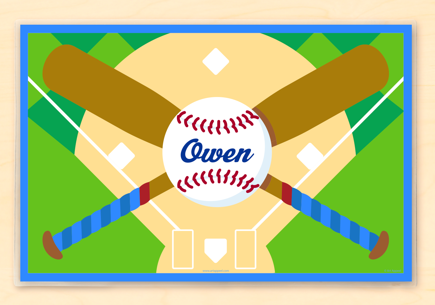 Personalized Kids Placemat with name on baseball, crossed baseball bats and baseball diamond. Green and sand colored background.