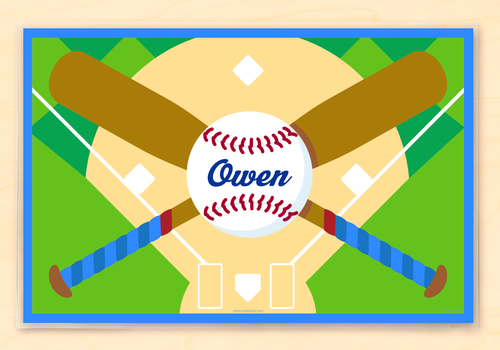 Personalized Kids Placemat with name on baseball, crossed baseball bats and baseball diamond. Green and sand colored background.