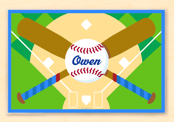 Personalized Kids Placemat with name on baseball, crossed baseball bats and baseball diamond. Green and sand colored background.
