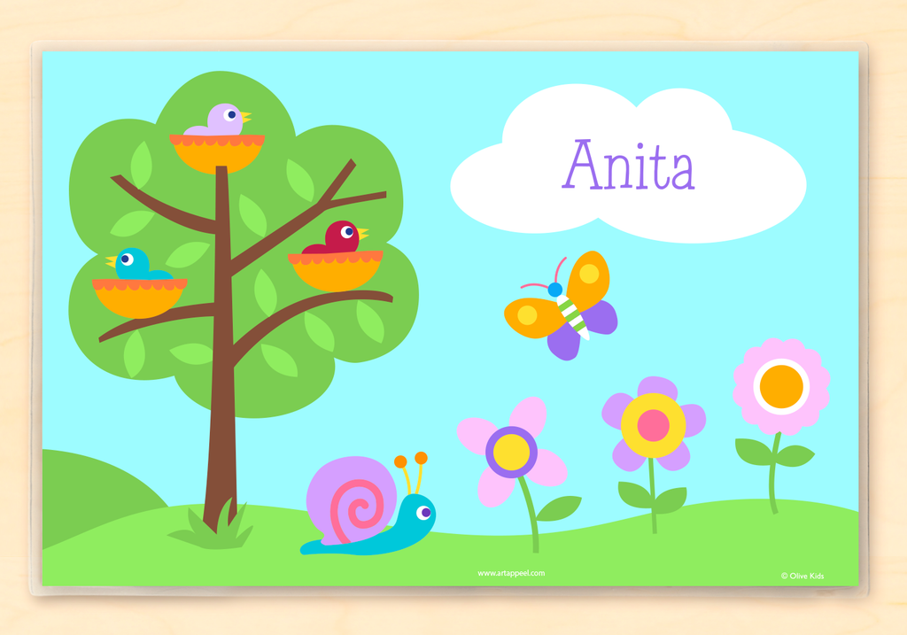 Personalized Kids Placemat with baby birds in nests, tree, flowers and butterfly. Sky blue background