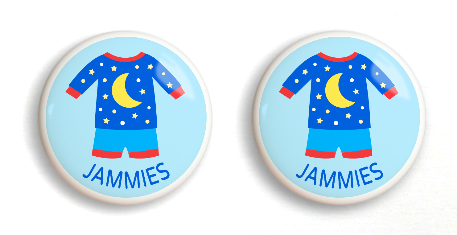 2 ceramic drawer knobs with blue boys pajamas on a light blue ground with the word jammies written below