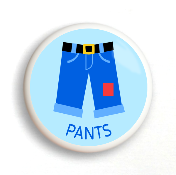 Ceramic drawer knob, pants on a light blue ground with the word socks written below