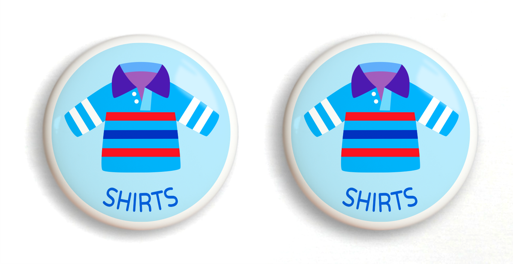 2 Ceramic drawer knobs with boy's shirts on a light blue ground with the word Shirts written below