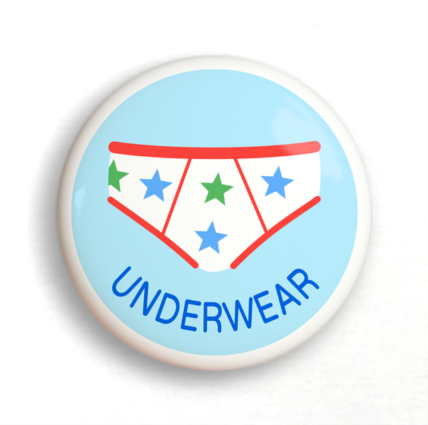 Ceramic drawer knob, with boy's underwear  on a light blue ground with the word Underwear written below
