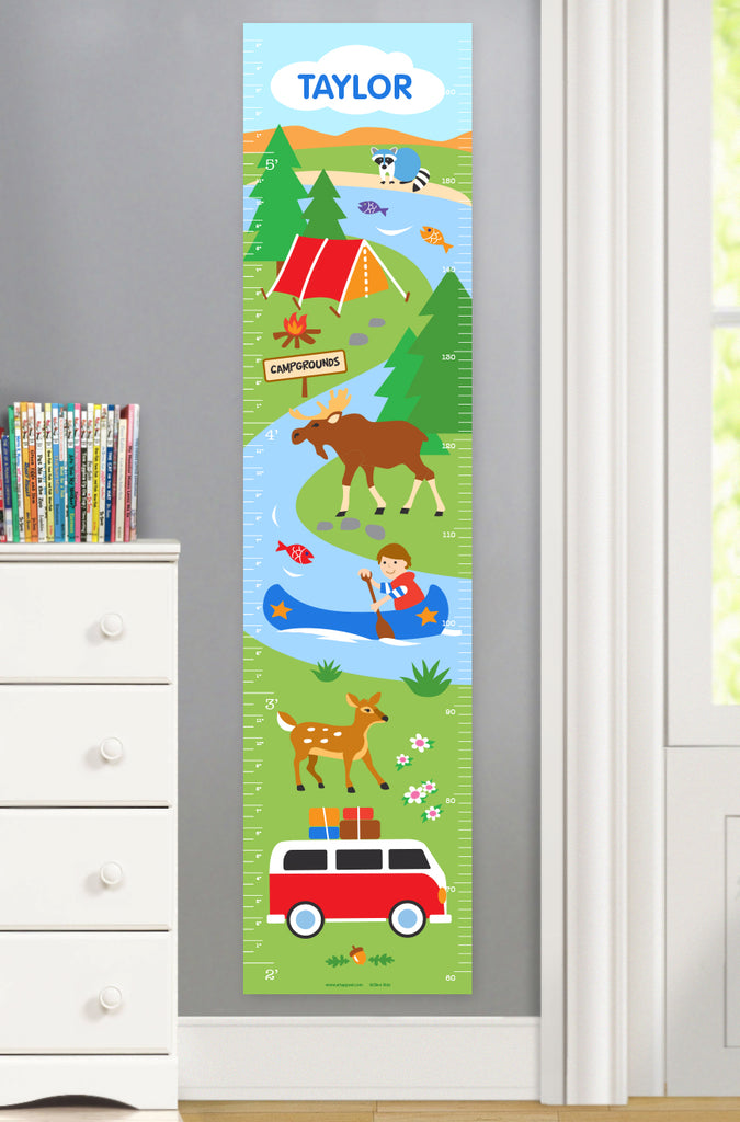 Camping Canvas growth chart featuring tent, canoeing and woodland animals