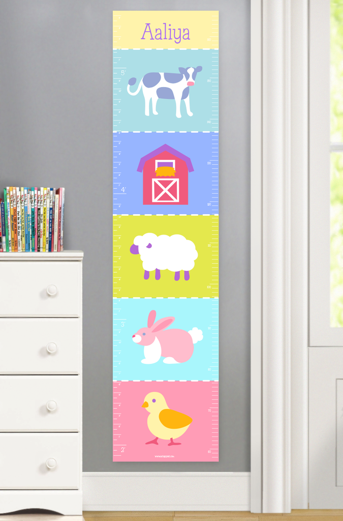 Baby growth chart featuring farm animals in pastel colors.