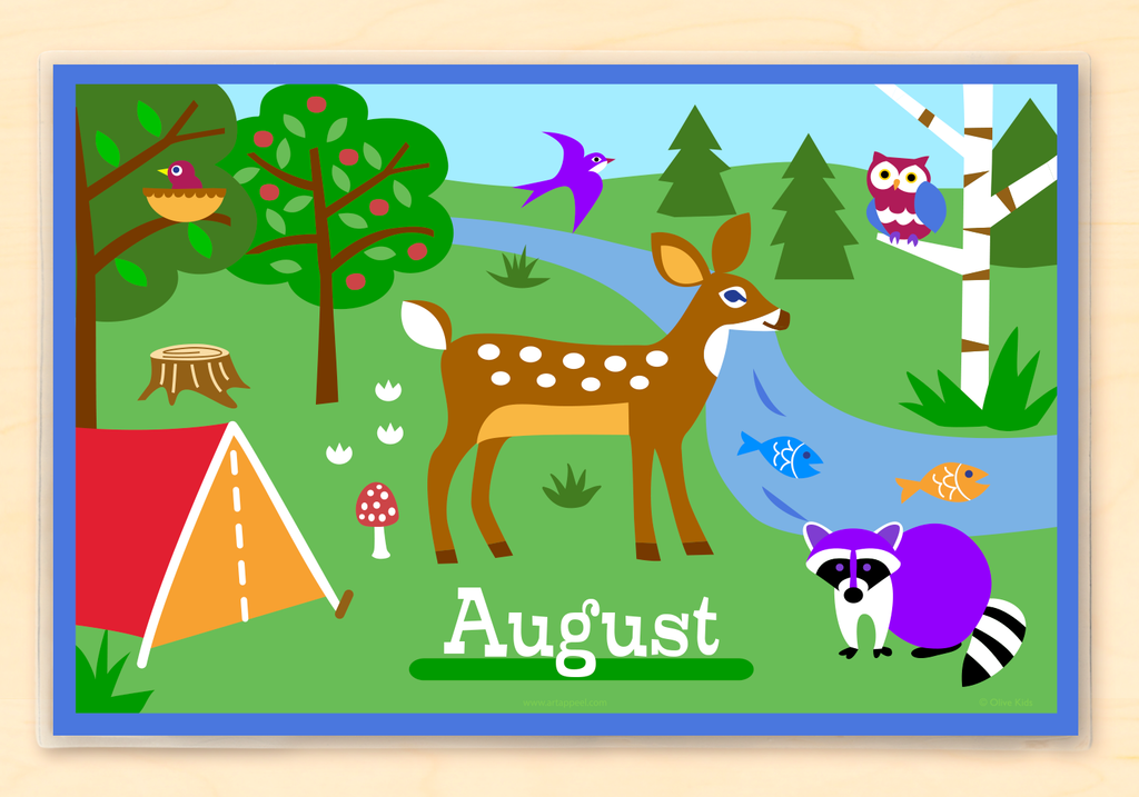 Camping Trip Personalized Kids Placemat with tent, deer, raccoon and animals in forest