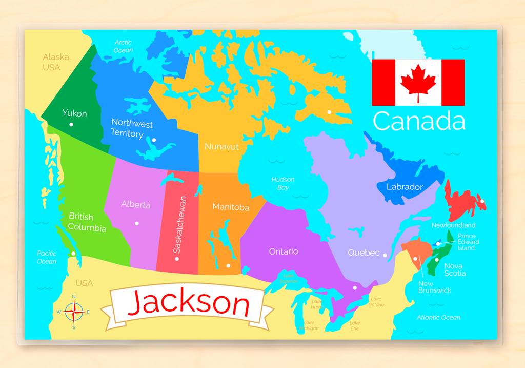 Children's personalized laminated placemat with map of Canada including provinces in bright colors. Features personalization with name and the Canada flag.