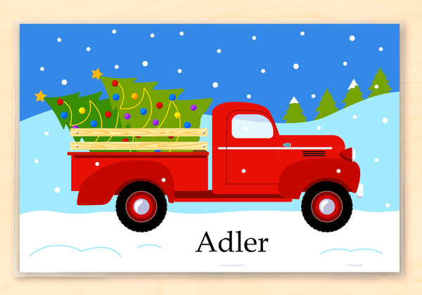 Christmas personalized placemat for kids with vintage red pickup truck, christmas trees and snow. Child's name is at the center bottom.