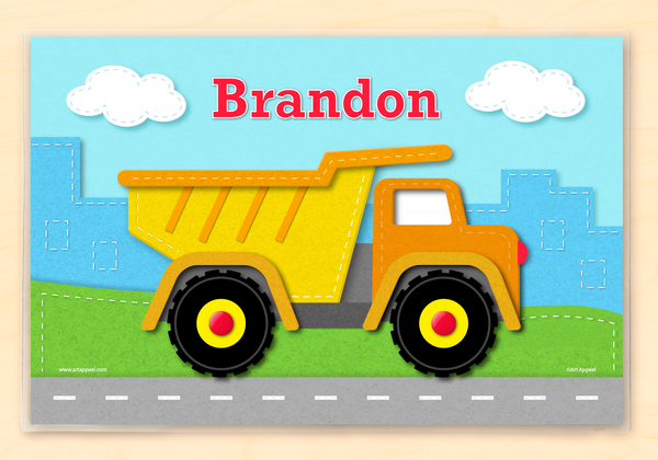 Personalized kids placemat with colorful dump truck