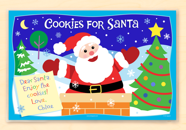 Personalized place mat for kids with with Cookies for Santa note, signed with child name. 