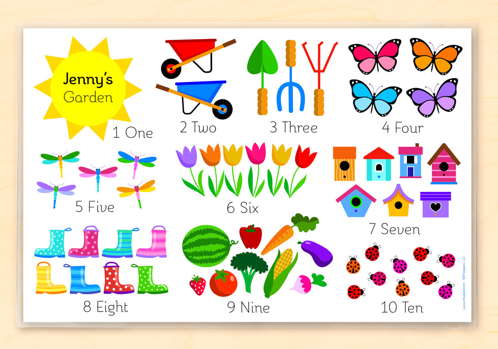 Children's counting placemat personalized with child's name, featuring colorful garden objects and corresponding numbers, both numerical and written