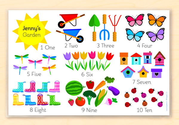 Children's counting placemat personalized with child's name, featuring colorful garden objects and corresponding numbers, both numerical and written