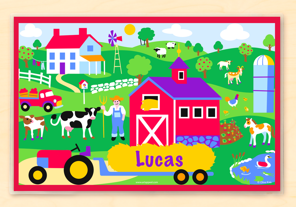 Farm Personalized Kids Placemat with tractor, farmhouse, barn, and animals