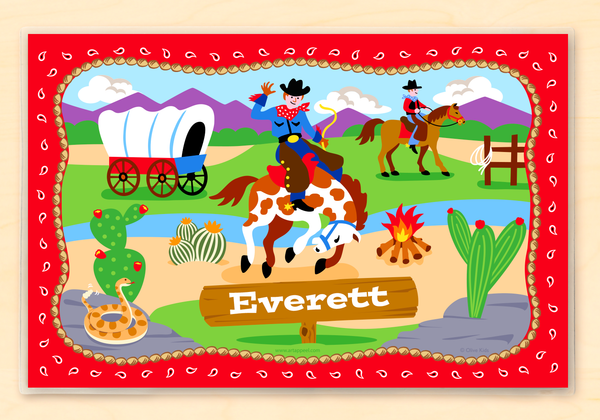 Cowboy Personalized Kids Placemat with cowboy, bucking bronco, wagon and cactus