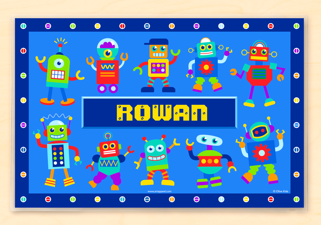 Little Robots Personalized Kids Placemat with colorful robots on a blue background