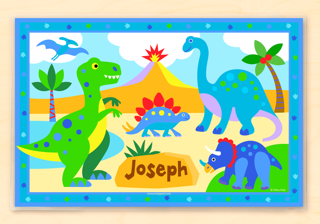 Personalized Kids Placemat with colorful dinosaurs in a prehistoric scene with trees and volcano