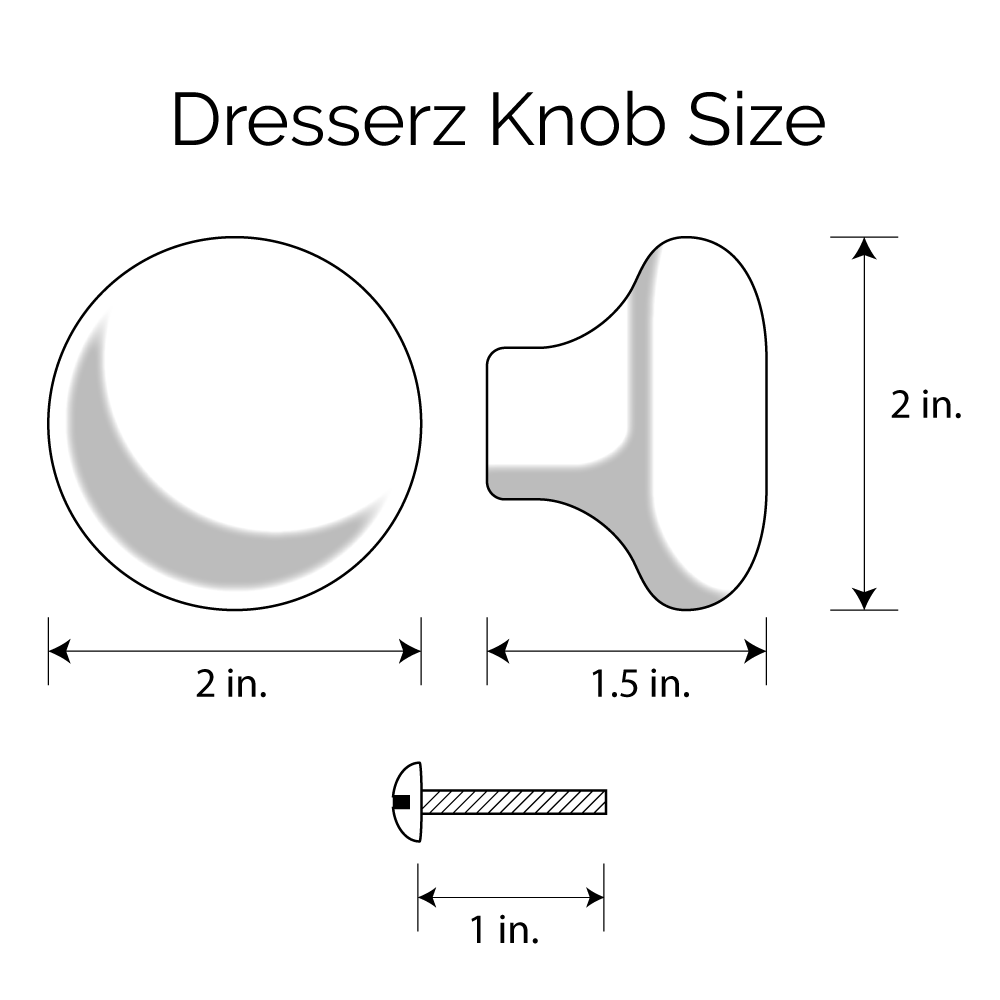 Line illustration of drawer knob showing sizing, 2" diameter, 1.5" depth