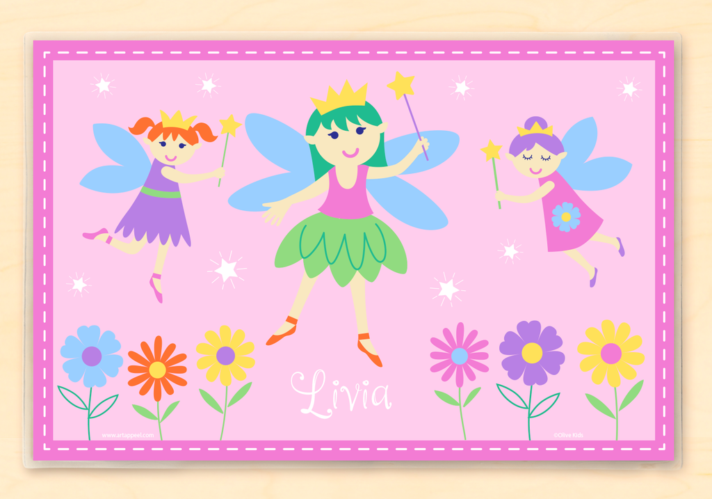Fairy Personalized Kids Placemat with fairies, flowers and stars on pink ground