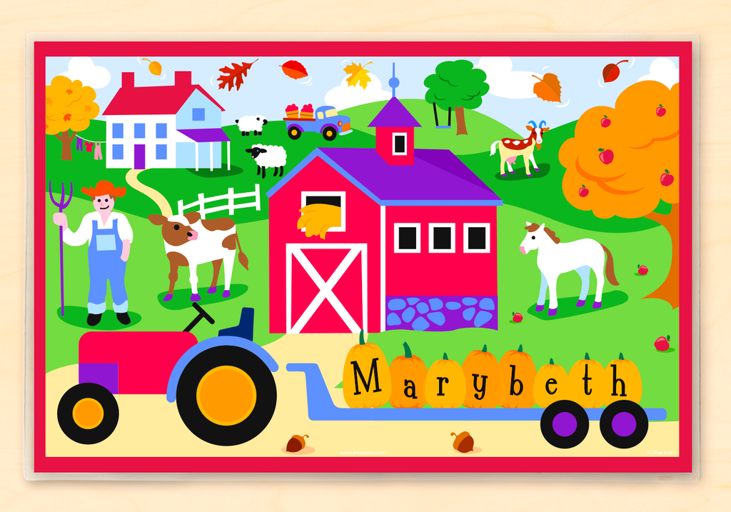 Fall Farm Personalized Kids Placemat with tractor, pumpkins, fall trees, apples, barn and farmhouse