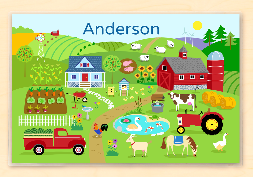Kids Personalized Farm Land Placemat with your kid's name, a big red barn, a pickup truck full of watermelons, and all kinds of farm animals