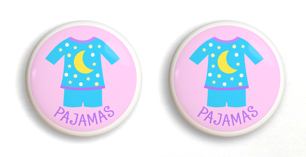 2 Ceramic drawer knobs, girls pajamas on a pink ground with the word Jammies written below