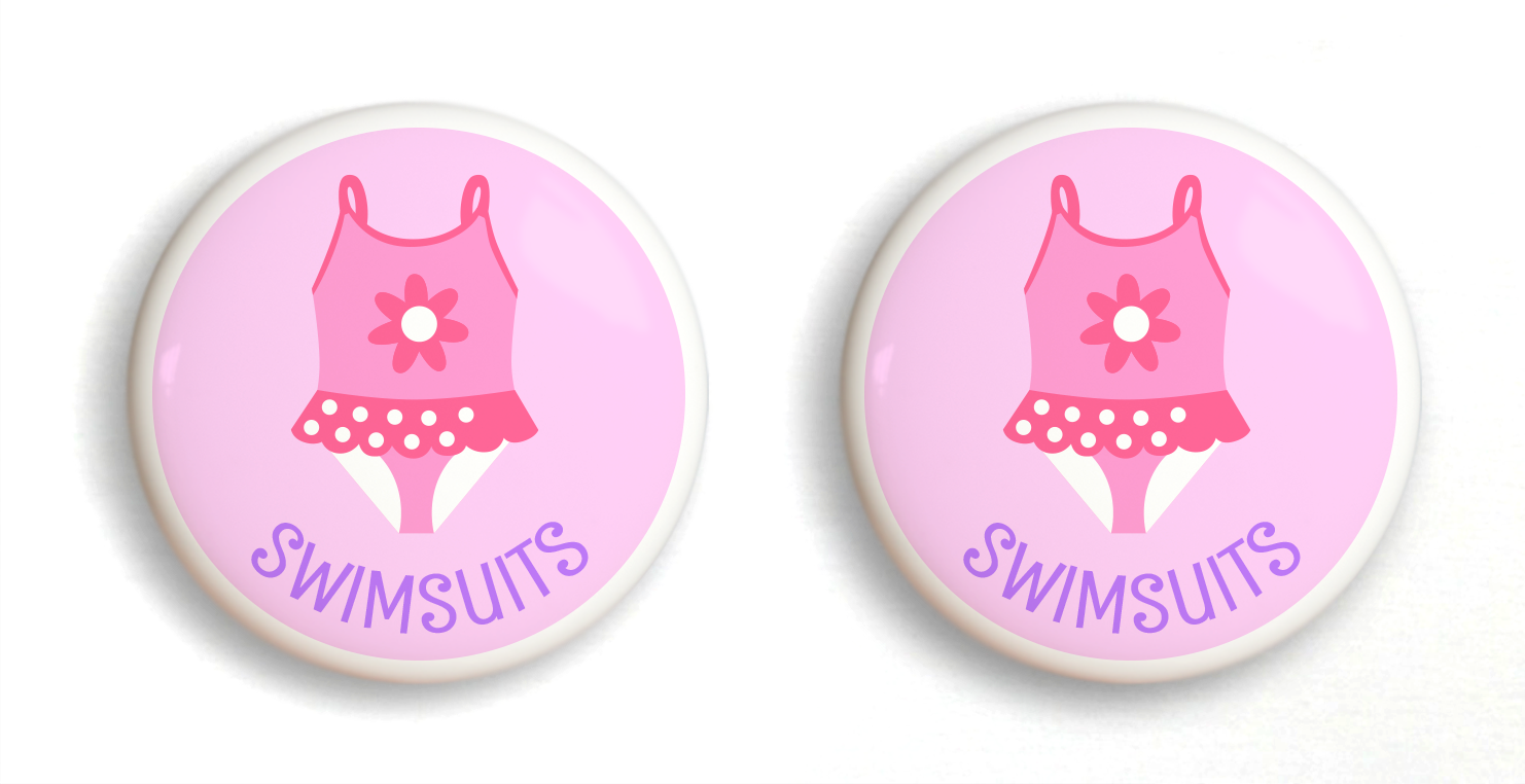 2 Ceramic drawer knobs. Girl's bathing suit on a pink ground with the word Swimsuit written below