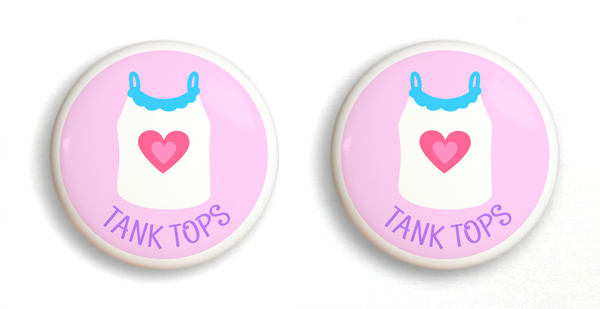 2 Ceramic drawer knobs, girls tank top on a pink ground with the word Tank Tops written below