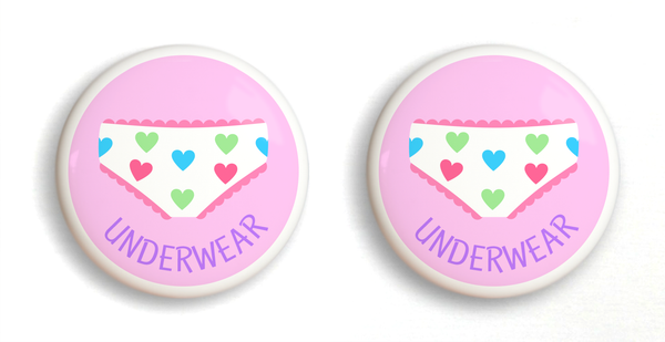 2 Ceramic drawer knobs, girls underwear on a pink ground with the word Underwear written below