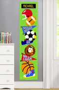 Personalized canvas growth chart with sport balls for soccer, football, baseball and basketball. Also shows sneakers and pennants.