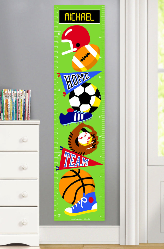 Personalized canvas growth chart with sport balls for soccer, football, baseball and basketball. Also shows sneakers and pennants.