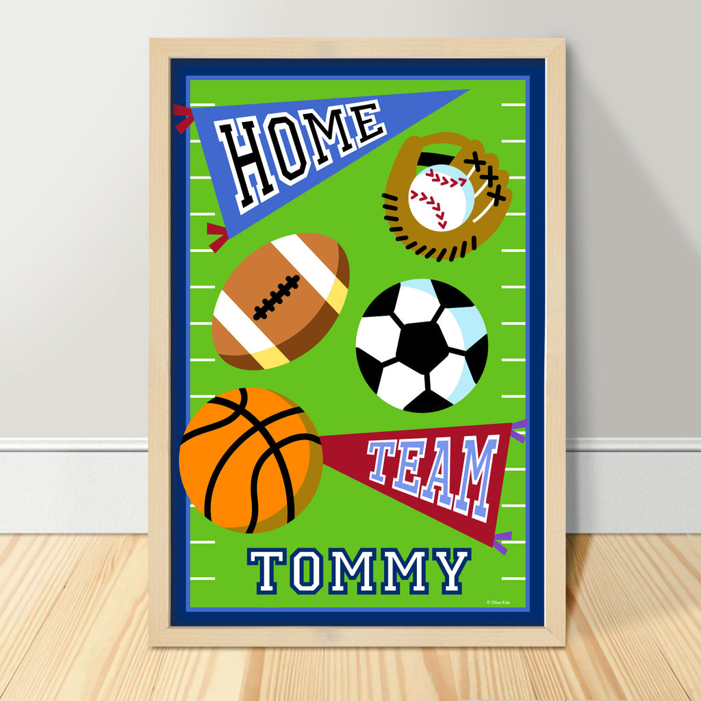 Game on kids art print featuring soccer, baseball, basketball and football balls.