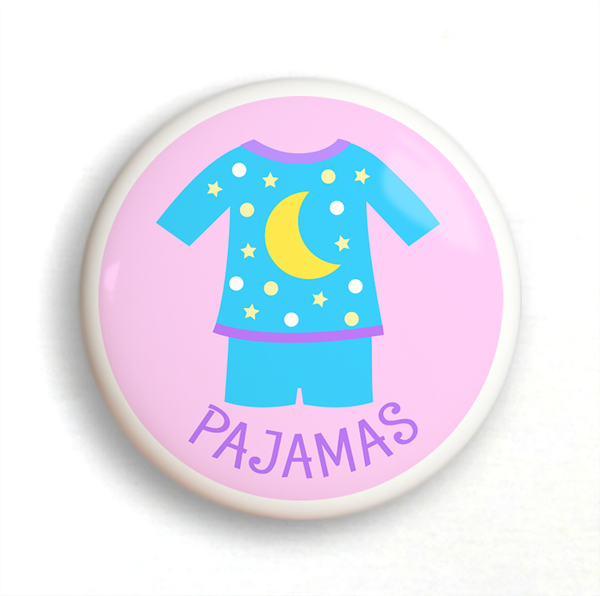 Ceramic drawer knob with Girl's Pajamas on a pink background with the word Jammies written below