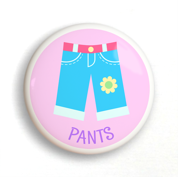 2 Ceramic drawer knobs, girl's pants on a pink ground with the word Pants written below