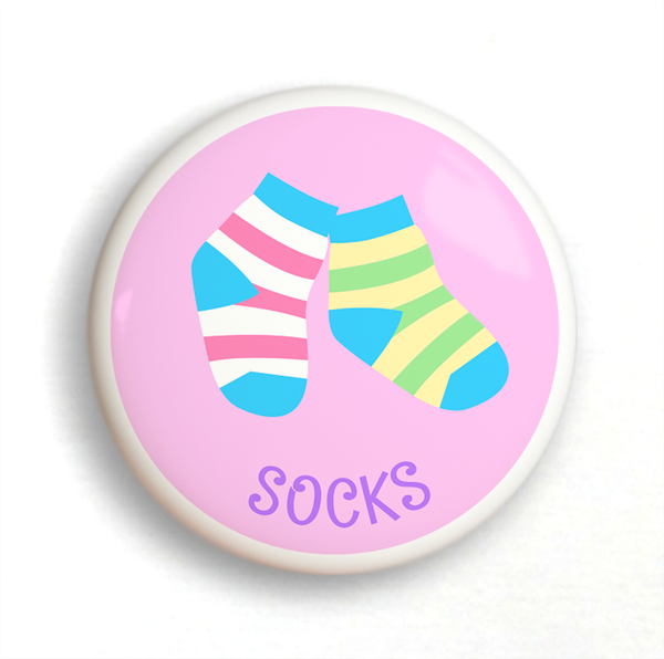 Ceramic drawer knob, striped girls socks on a pink background with the word Socks written below