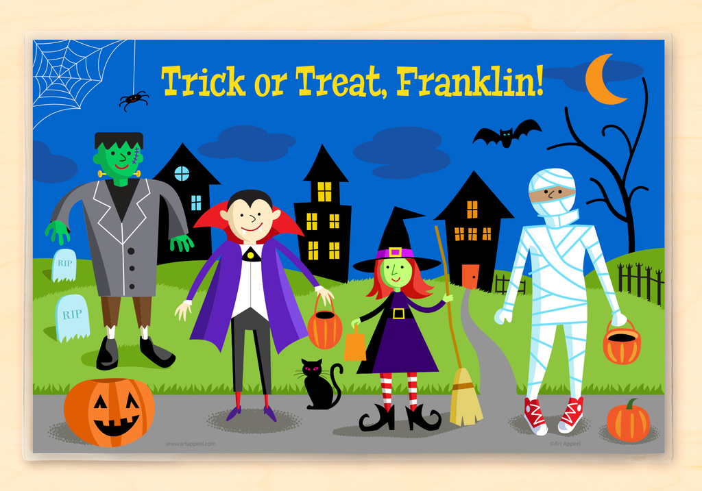 Vampire, Mummy, monster, and witch trick or treaters on a  Halloween night scene. Personalized with child's name.
