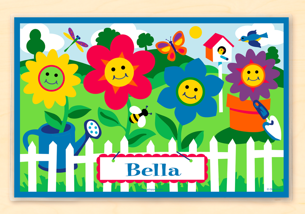 Personalized Kids Placemat with happy faced flowers in a summer garden