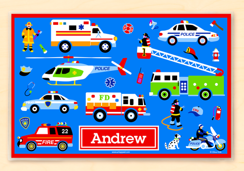Heroes Personalized Kids Placemat with fire engines, emergency vehicles and heroes