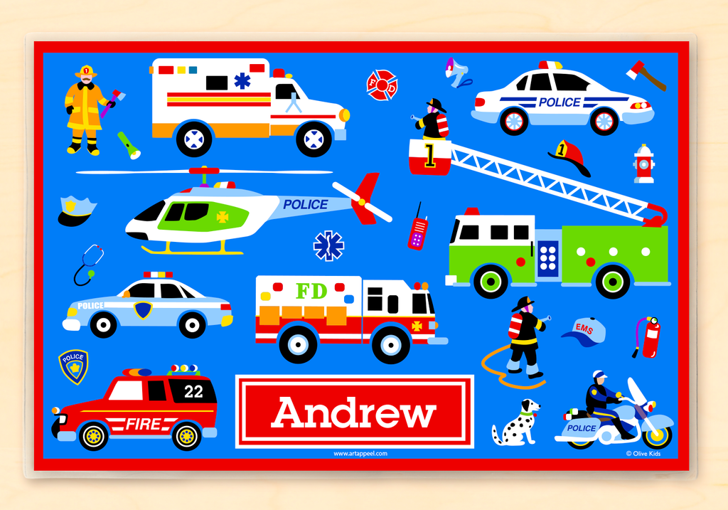 Heroes Personalized Kids Placemat with fire engines, emergency vehicles and heroes
