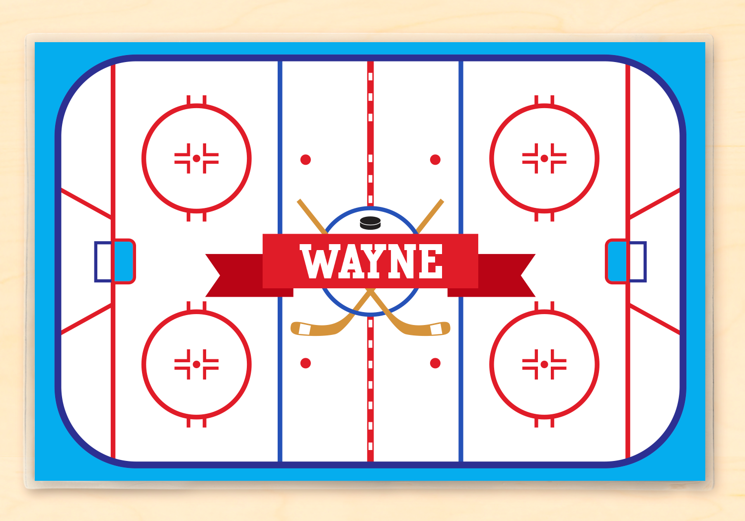 Hockey Rink personalized children's sports placemat with a top-down view of a hockey rink and child's name in white varsity letters on a red ribbon