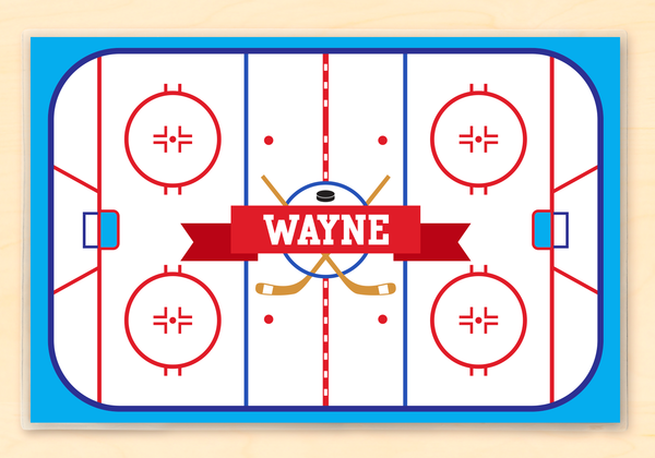 Hockey Rink personalized children's sports placemat with a top-down view of a hockey rink and child's name in white varsity letters on a red ribbon
