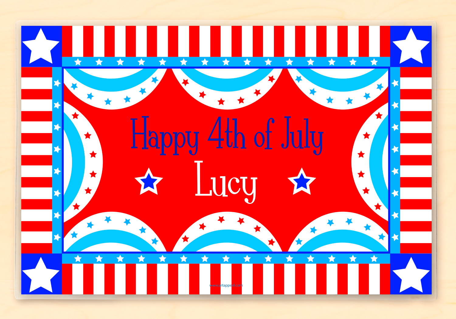 Red, white and blue patriotic buntings surround a Happy 4th of July wish, personalized with name on a red background.