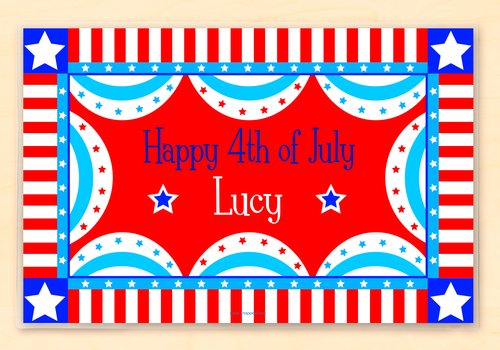 Red, white and blue patriotic buntings surround a Happy 4th of July wish, personalized with name on a red background.