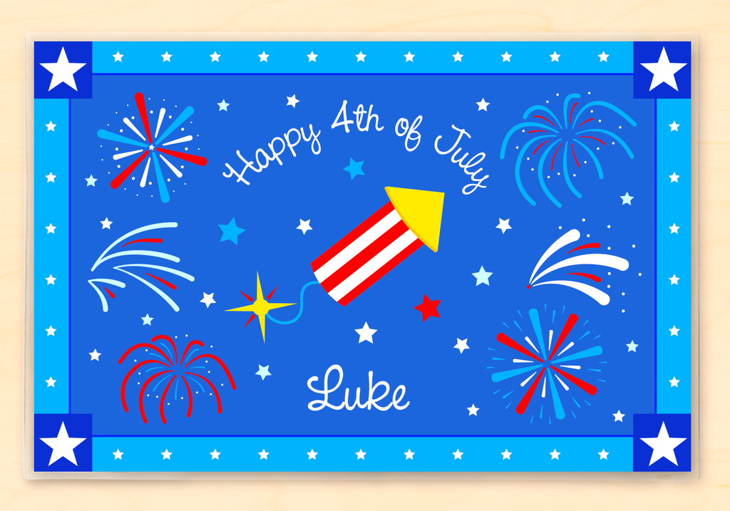 Four of July Firecracker Personalized Kids Placemat with red and white striped rocket on blue fireworks background