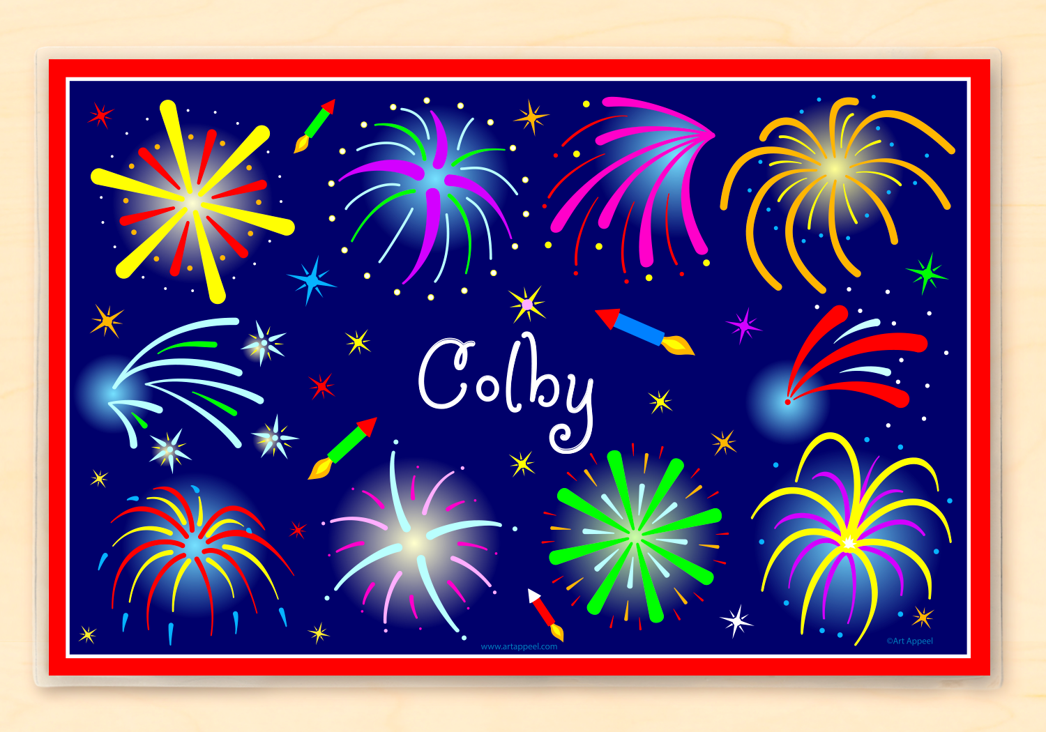 Personalized Kids Placemat with colorful fireworks against night sky
